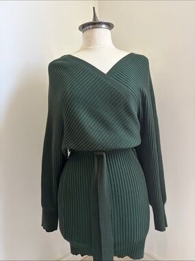 Love Tree Deep Green Ribbed V-Neck Belted Sweater Dress